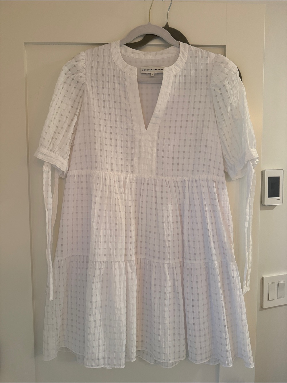 English Factory White Textured V-Neck Tiered Mini Dress